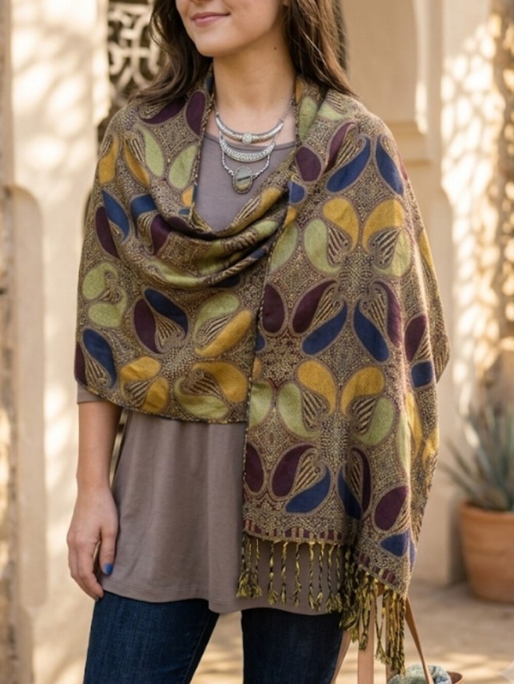 Moroccan Artisanal Pashmina Shawl Scarf Wrap Jacquard Paisley Gold Jewel Tones